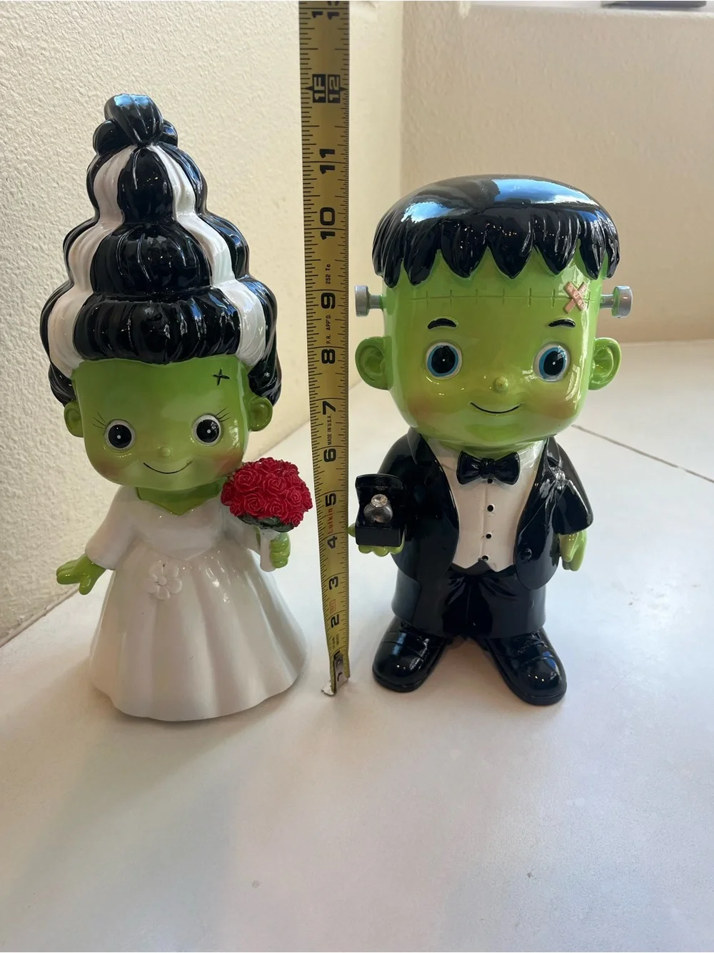 Halloween  Bride and Groom Frankenstein Figurines - Green, Black, White